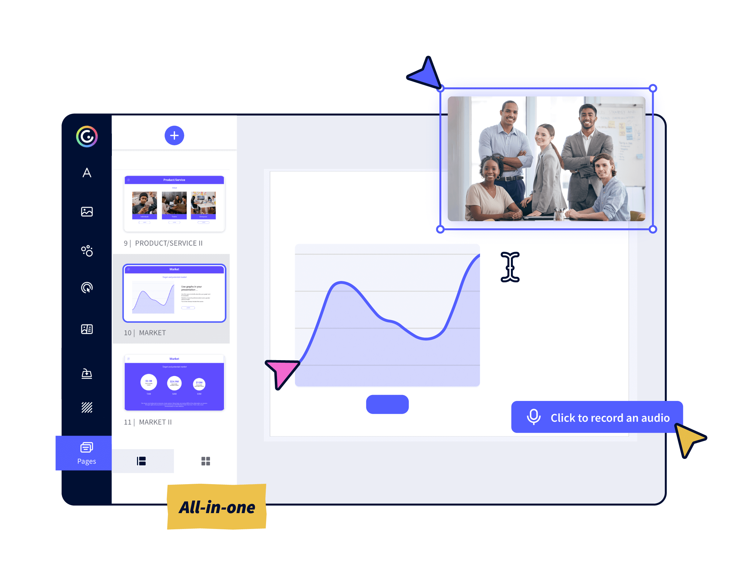 Screenshot of the Genially editor showing several people creating a content with a graphic.